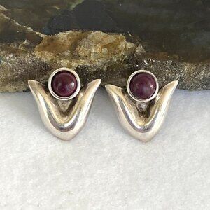 950 Sterling Silver 0.69" Modernist Floral Round Bezel Set Garnet Stud Earrings